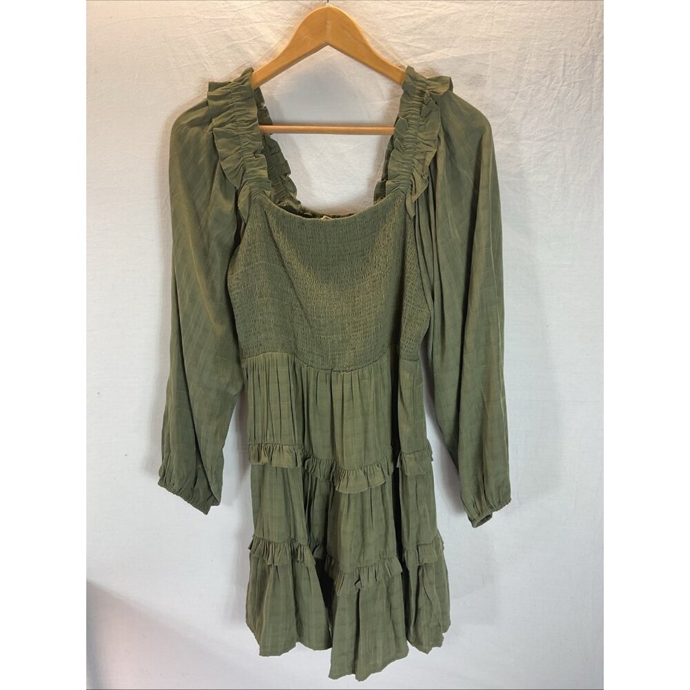 Entro Olive Green Puff Sleeve milkmaid square neck mini dress babydoll smocked